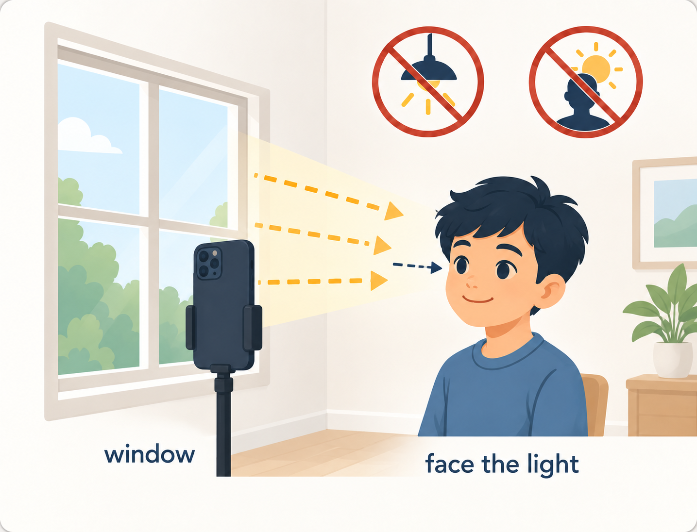 Child facing a window for soft daylight, with direct sun and overhead lighting crossed out